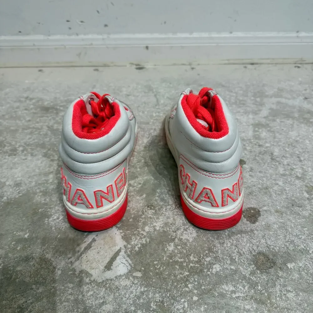 Chanel White Neon Coral Leather High Top Sneakers Sz 42